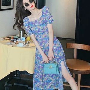 Short Puff Sleeve Dress Women Square Collar Floral Printed Side Slit Elegant